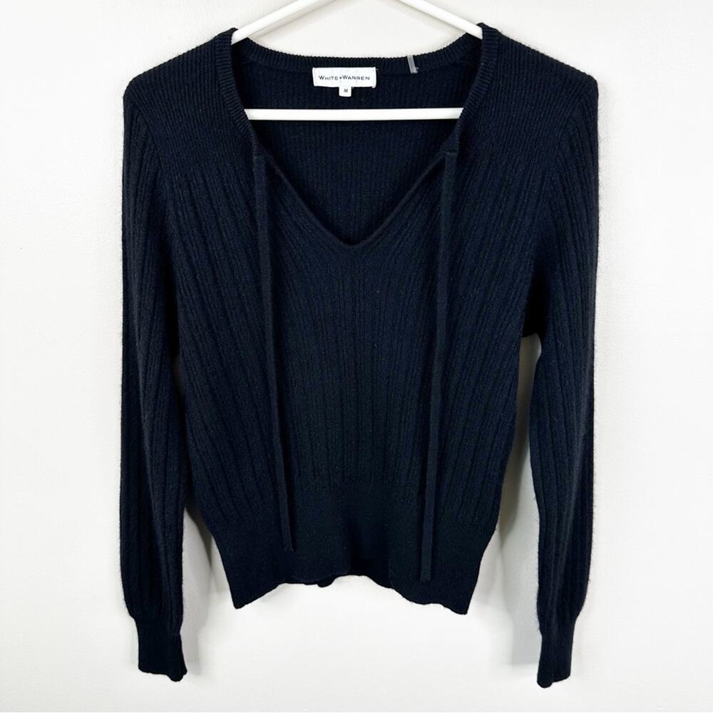 White + Warren Cashmere Sweater Womens Medium Black Ribbed Knit V-Neck Pullover